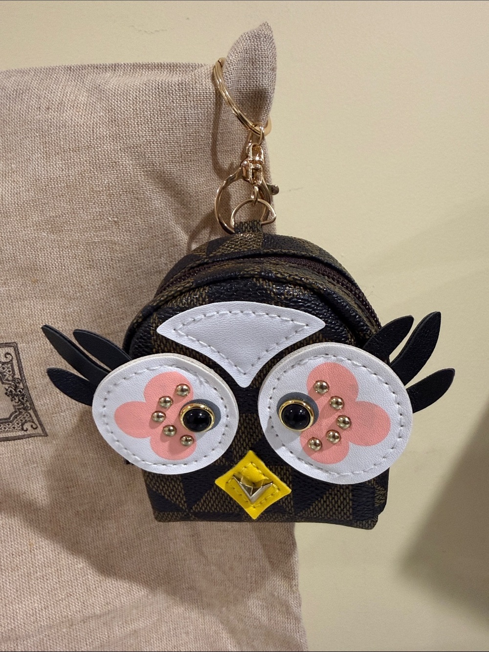 Kids Owl Keychain Coin Pouch - Black with Pink and Yellow Accents